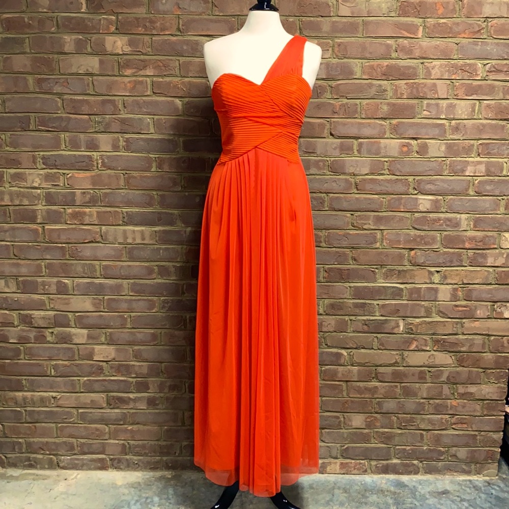 Max and Cleo Tangerine One Shoulder Tulle Gown